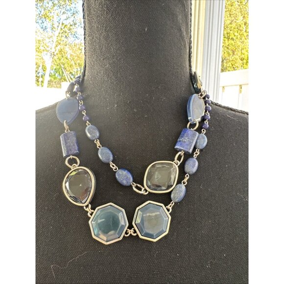 Chicos Blue Stone Silver Tone 19" Long Beaded Chain Statement Necklace NEW - Picture 2 of 16